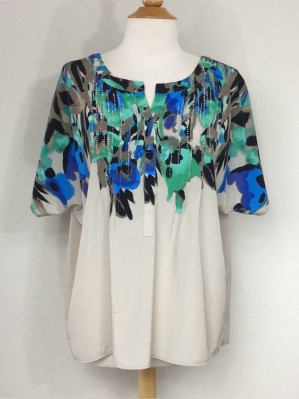 3/$25 Style & Co. Women's Blue Taupe Jewel Watercolor Blouse Size XL Coastal